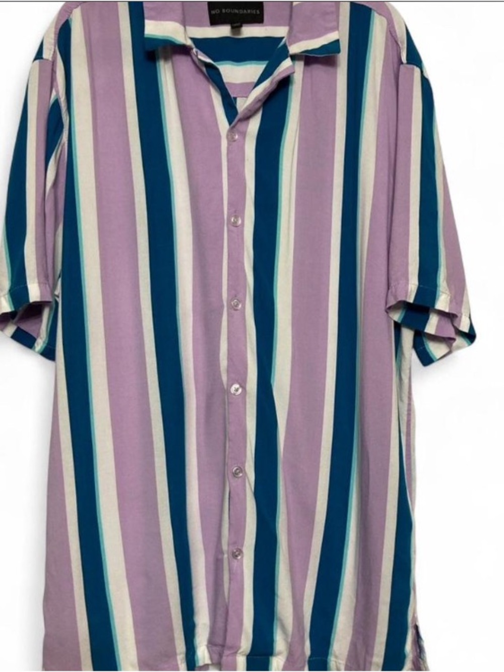 No Boundaries Lavender, Teal & White Vertical Stripe Button-Up Shirt Sz Med